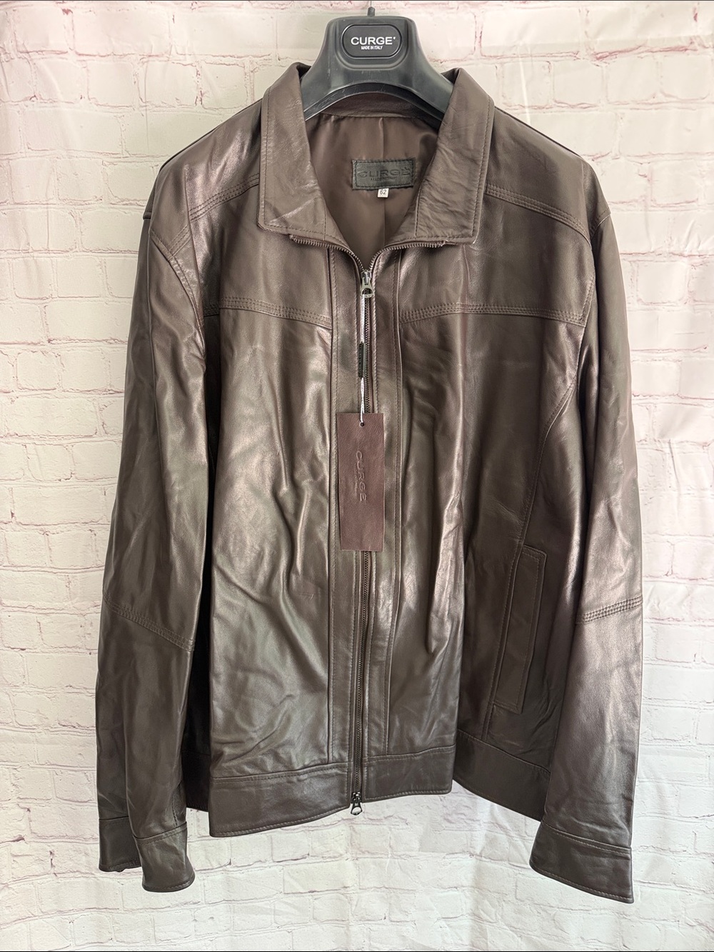 Italian Leather Brown Zip-Front Bomber Jacket by CURGÉ men’s size EU 62 3XL